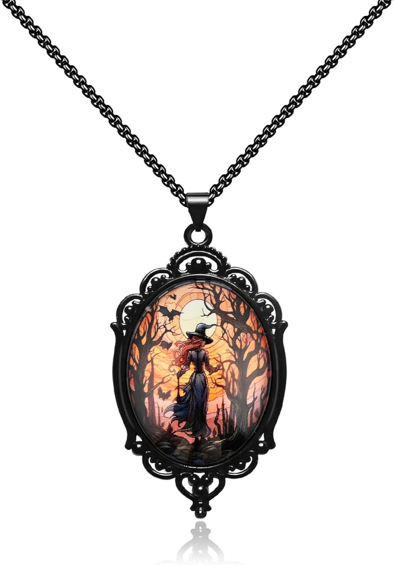 DAYANEY Gothic Necklace, Witch Raven Locket Necklace as Goth Accessories for Witch Costume Jewelry for Women, Bat Pendant Rose Vampire Jewelry as Valentines Outfit Party Gifts - Image 1